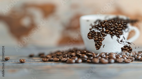 Coffee Cup Surrounded By Roasted Beans on a Rustic Surface in Morning Light