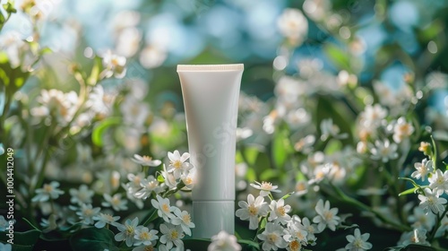 Natural Skincare Product Surrounded by White Flowers in Sunlit Garden
