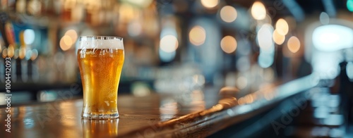 Golden Beer Glass on Wooden Bar Counter in Cozy Pub During Evening