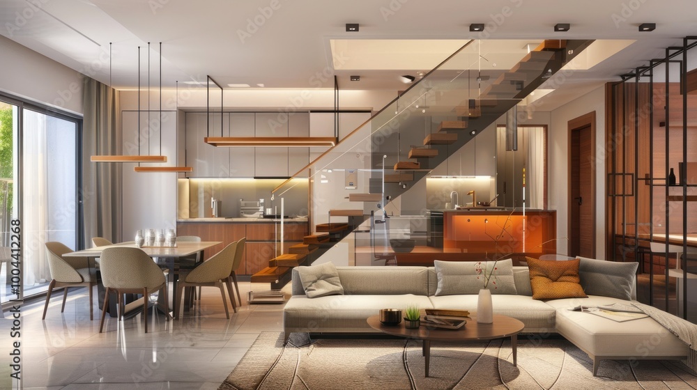 Modern Living Room with Open Kitchen and Staircase Modern Living Room with Open Kitchen and Staircase