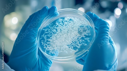 A doctor holds and examines a petri dish with a bacterial culture. A petri dish full of microbes and microorganisms