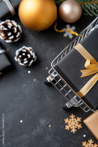 Black Gift Box in Shopping Cart Surrounded by Festive Decorations Near Holida...