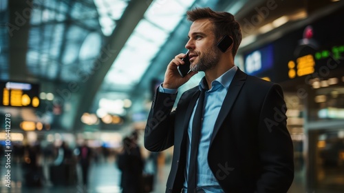 A business executive making a phone call while traveling internationally, discussing global business opportunities, busy airport backdrop