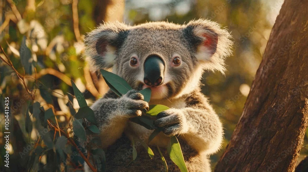 Fototapeta premium Koala sitting on a tree branch munching on eucalyptus leaves, providing an authentic wildlife scene with ample space for copy.
