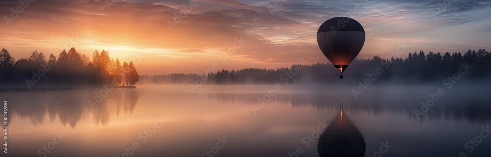 Fototapeta premium Sunrise Balloon Ride Over Tranquil Lake Surrounded by Misty Forest