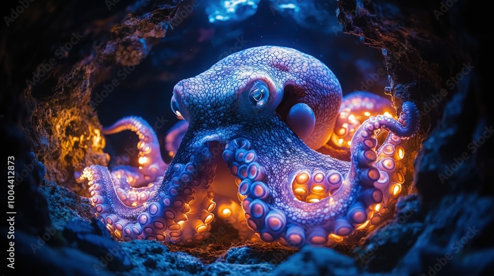 A vibrant octopus gracefully navigates through a dark underwater cave at twilight A vibrant octopus gracefully navigates through a dark underwater cave at twilight