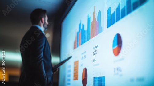 A business executive presenting financial data during a formal meeting, large projector screen with charts and graphs