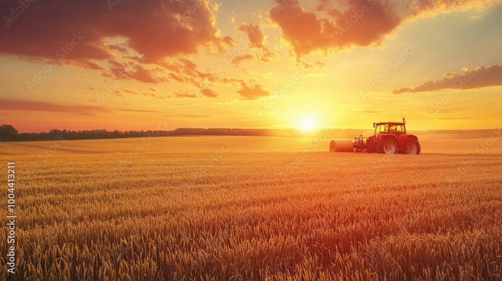 Fototapeta premium Tractor baling wheat field at sunset 
