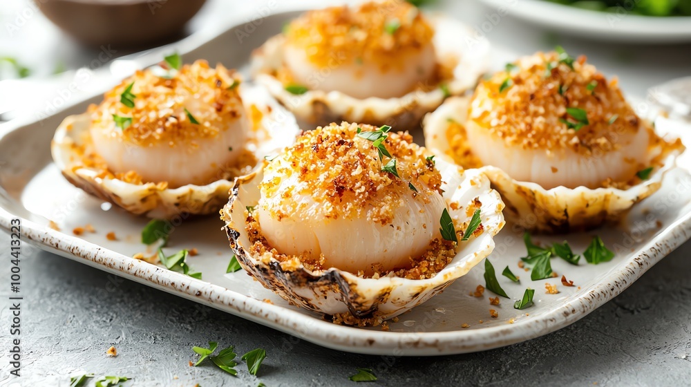 Baked scallops in shells with breadcrumbs and parsley, ready to be served, baked scallops, gourmet seafood Baked scallops in shells with breadcrumbs and parsley, ready to be served, baked scallops, gourmet seafood