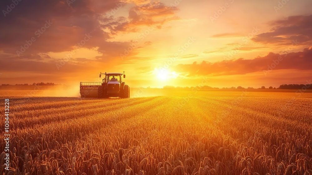 Fototapeta premium Tractor baling wheat field at sunset 