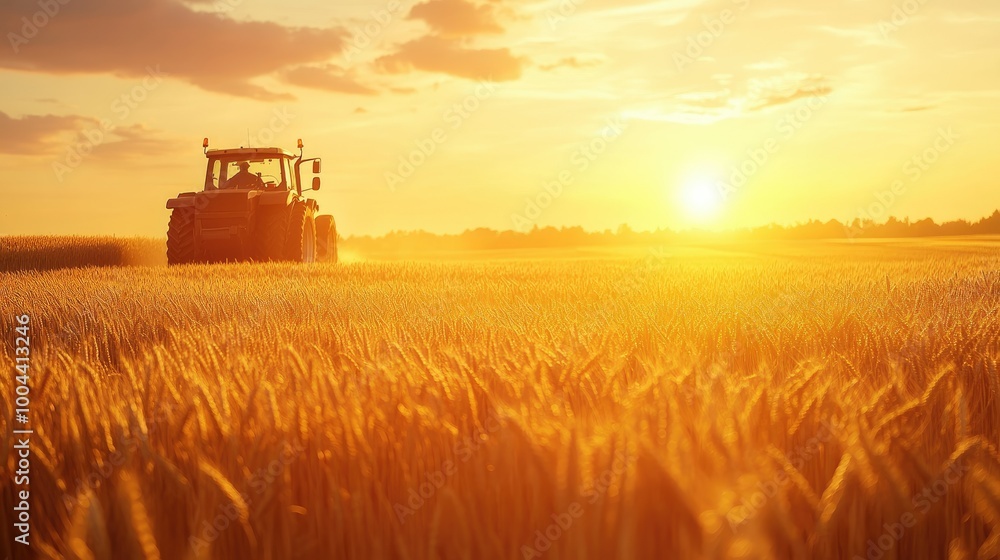 Fototapeta premium Tractor baling wheat field at sunset 