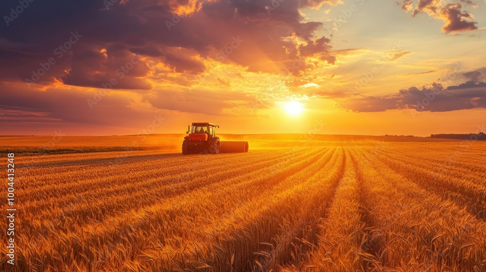 Fototapeta premium Tractor baling wheat field at sunset 
