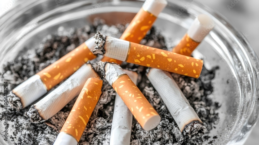 Close-up view of cigarette butts in an ashtray, representing the habit of smoking and its health and environmental consequences. Close-up view of cigarette butts in an ashtray, representing the habit of smoking and its health and environmental consequences.