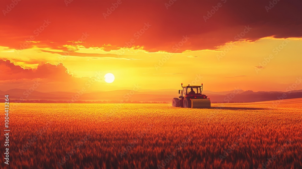 Tractor baling wheat field at sunset Tractor baling wheat field at sunset