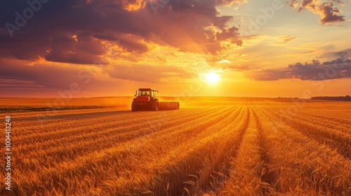 Tractor baling wheat field at sunset 