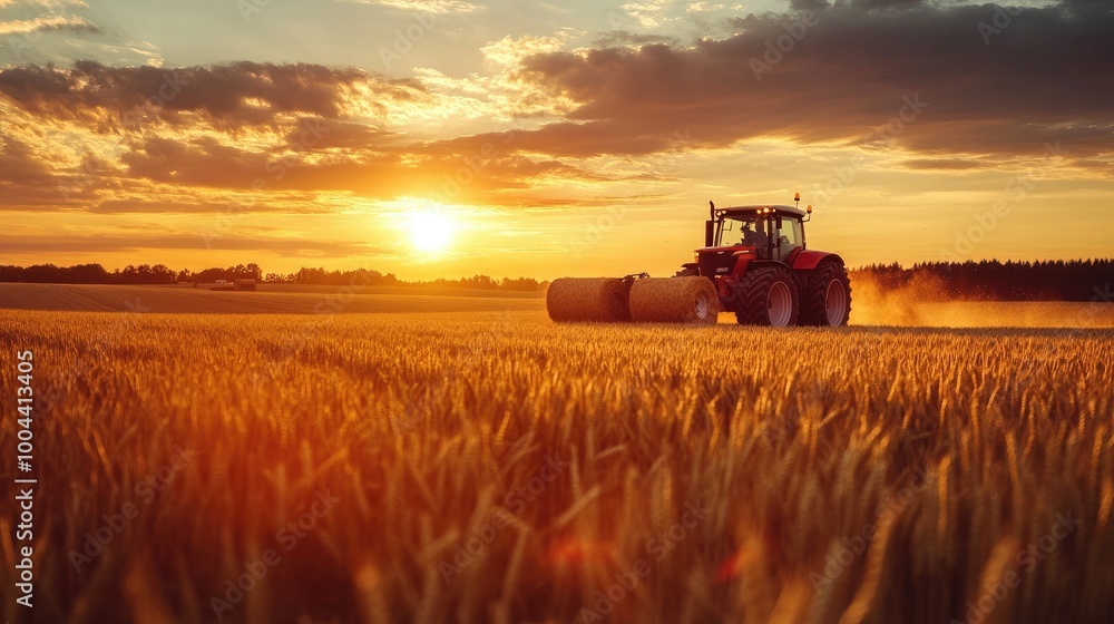 Fototapeta premium Tractor baling wheat field at sunset 