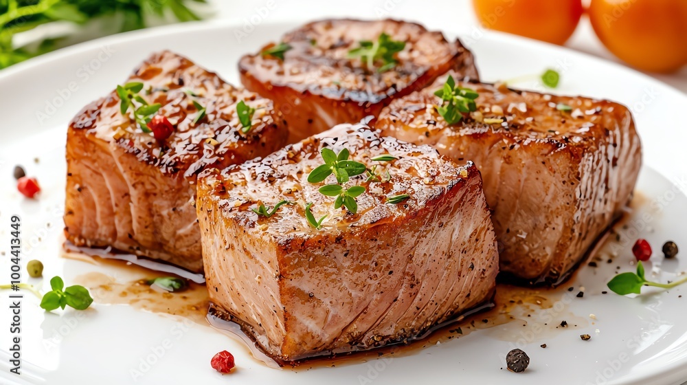 Closeup of a fresh tuna steak seared to perfection on a white plate, seared tuna, modern seafood dining Closeup of a fresh tuna steak seared to perfection on a white plate, seared tuna, modern seafood dining