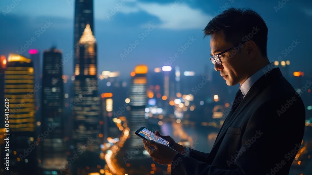 A business executive reviewing global market trends on a smartphone, preparing for an international meeting, city backdrop A business executive reviewing global market trends on a smartphone, preparing for an international meeting, city backdrop