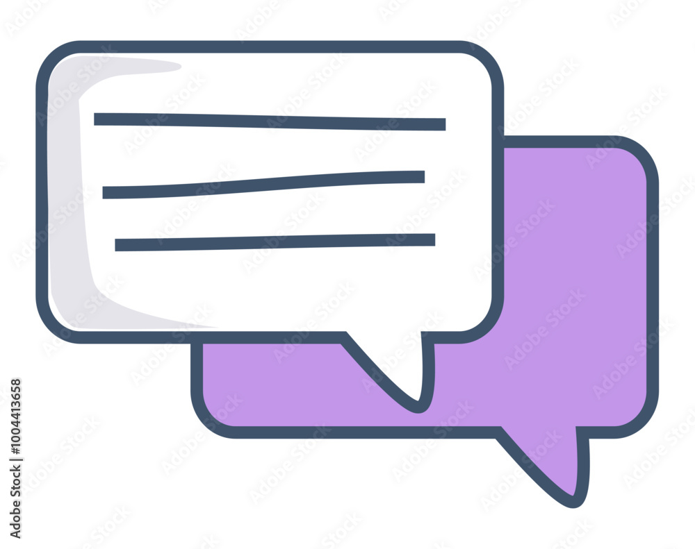 Two speech bubbles, one white with lines and the other purple. Ideal for themes of communication, dialogue, messaging, conversation, and social interaction. Simple vector design with a modern Two speech bubbles, one white with lines and the other purple. Ideal for themes of communication, dialogue, messaging, conversation, and social interaction. Simple vector design with a modern