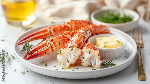 Closeup of vibrant king crab legs on a white plate with drawn butter, king crab legs, luxury seafood