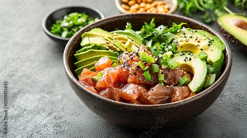 Colorful poke bowl with fresh tuna, avocado, and seaweed on a textured background, poke bowl, Hawaiian seafood dish