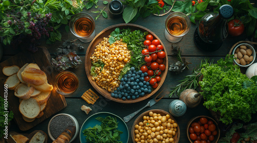 une photographie d'un repas de famille vu de haut ou l'on voit une table remplis de nourriture avec des graines de chia, il faut sue ce soit chic et lumineux photo