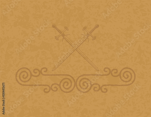 Medieval Parchment Background - Celtic Spirals, Lines and Crossed Medieval Swords