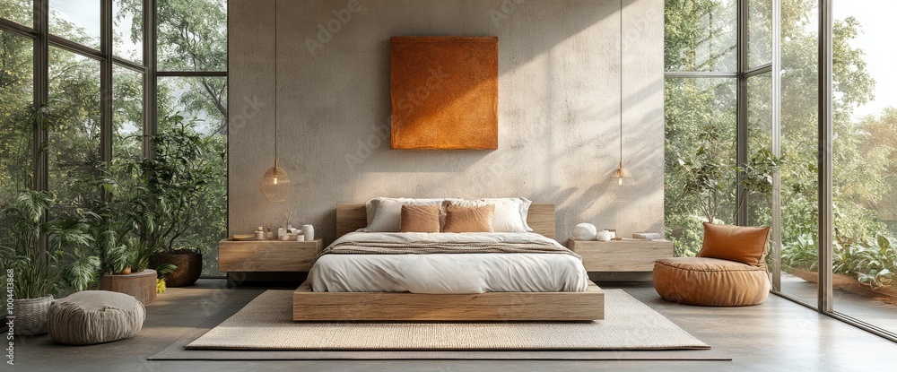 Modern Bedroom with Large Windows and Minimalist Decor Modern Bedroom with Large Windows and Minimalist Decor