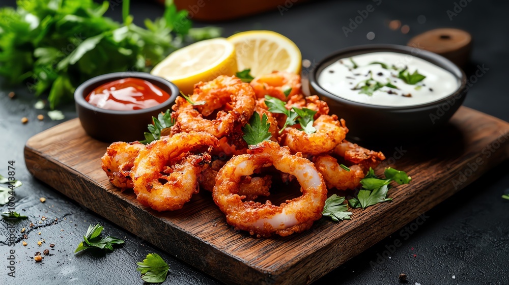 Crispy golden fried calamari rings with a side of lemon and dipping sauce, fried calamari, appetizer concept Crispy golden fried calamari rings with a side of lemon and dipping sauce, fried calamari, appetizer concept