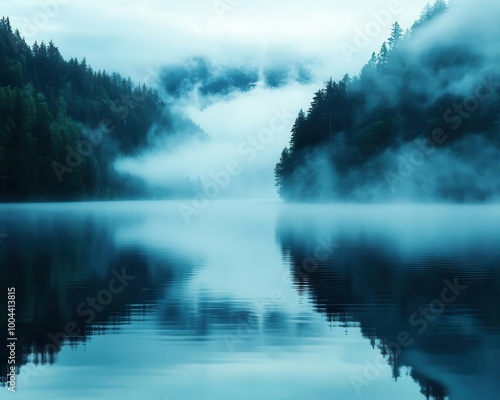 Drifting fog over a still lake at dawn, foggy weather, calm and ethereal