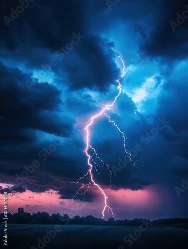 Lightning bolts illuminating a dark sky during a heavy storm, extreme weather, intense energy