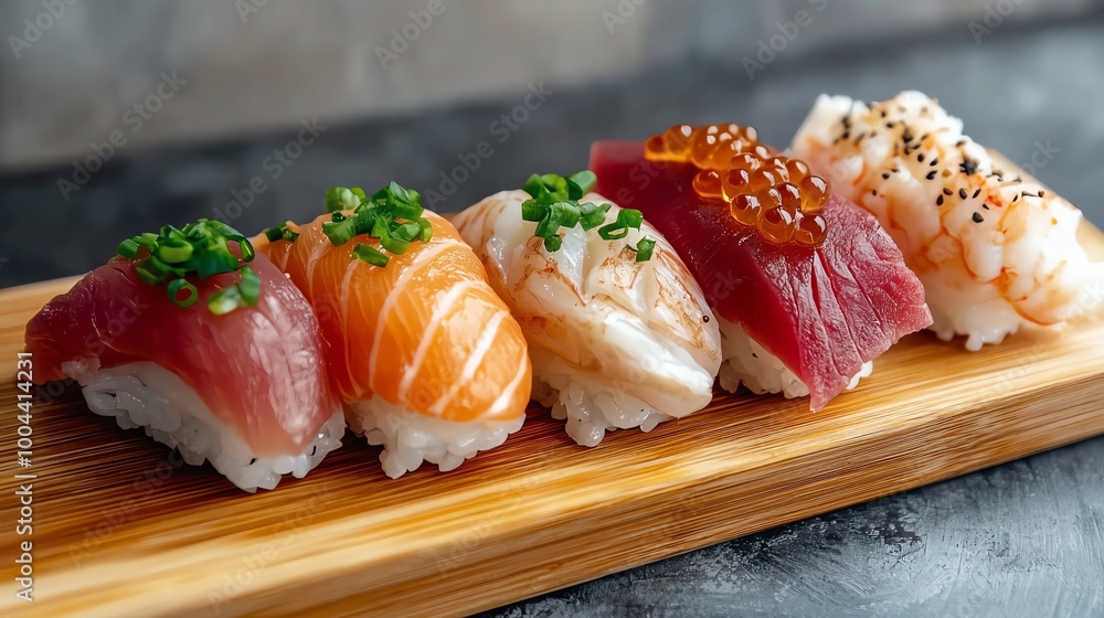 Elegant sushi nigiri platter with glossy tuna, salmon, and shrimp pieces, sushi nigiri, highend Japanese dining Elegant sushi nigiri platter with glossy tuna, salmon, and shrimp pieces, sushi nigiri, highend Japanese dining