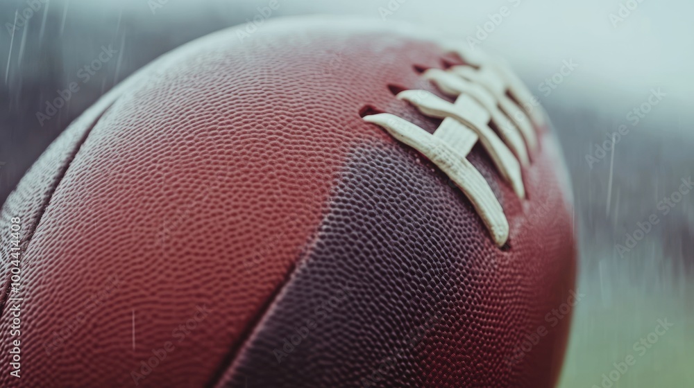 A close-up of a football with rain droplets, emphasizing its texture and outdoor setting. A close-up of a football with rain droplets, emphasizing its texture and outdoor setting.