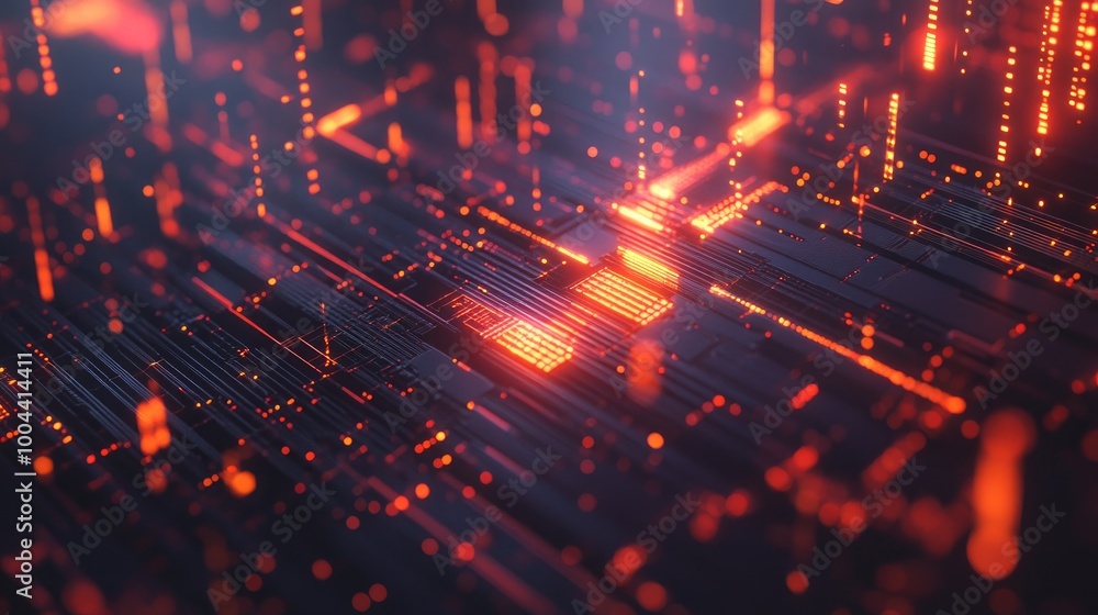 Obraz premium Digital data flow on a circuit board, symbolizing high-tech computer processing, AI, and advanced technology surfaces.