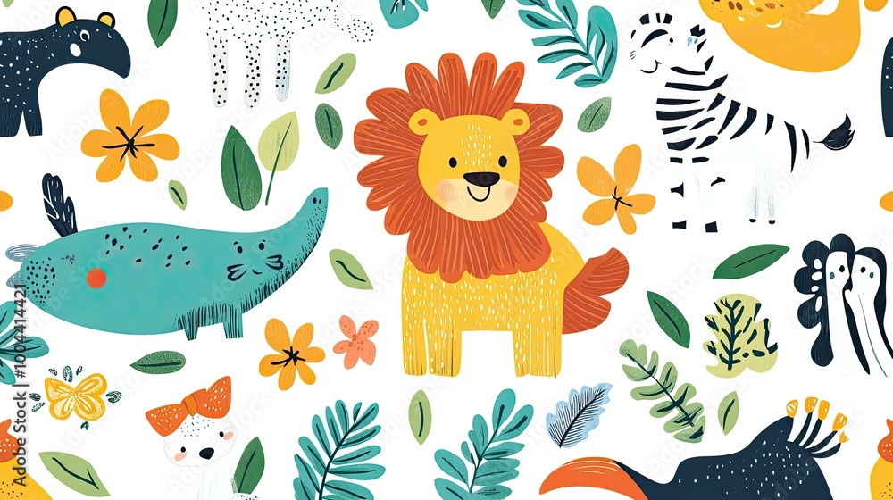 Vector seamless pattern with lion toucan zebra elephant sloth.Tropical jungle cartoon creatures.Cute natural pattern for fabric childrens clothing textiles wrapping paper. Vector seamless pattern with lion toucan zebra elephant sloth.Tropical jungle cartoon creatures.Cute natural pattern for fabric childrens clothing textiles wrapping paper.