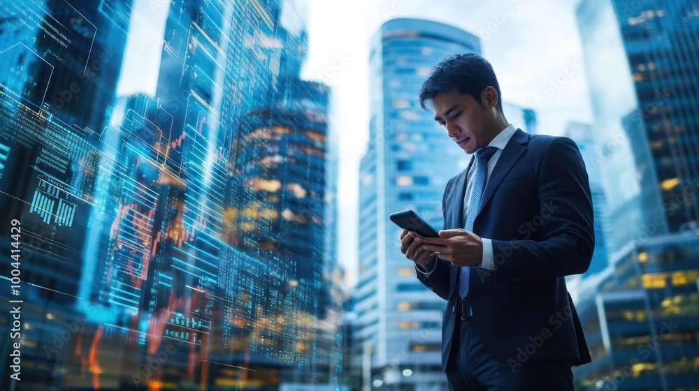 Fototapeta premium A business executive using a smartphone to check global market trends while commuting in a city, modern office buildings in the background