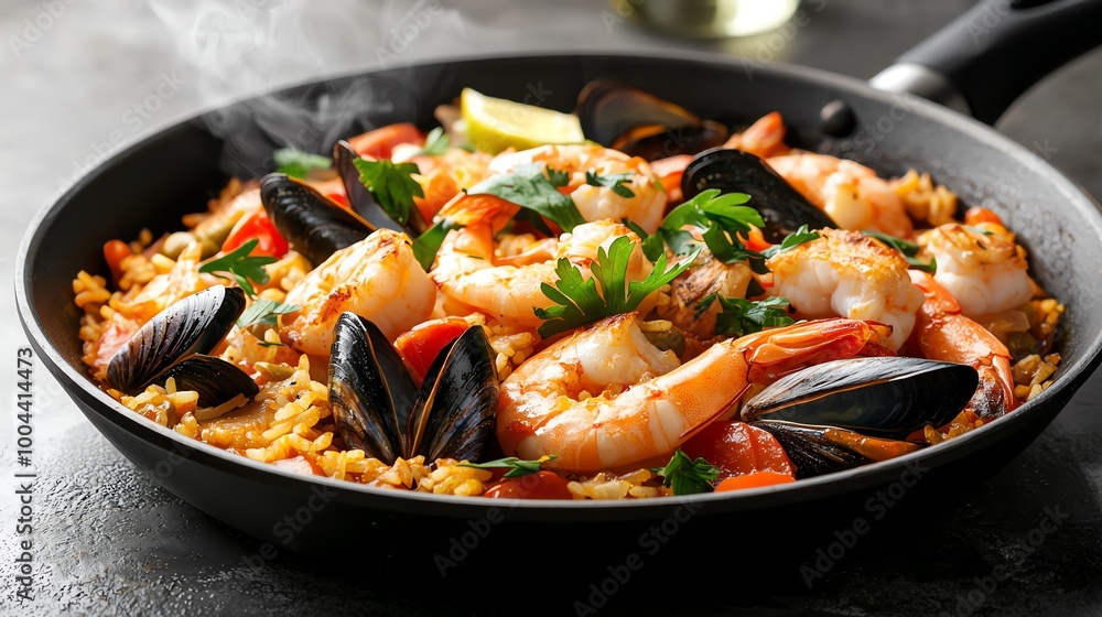 Giant seafood paella pan with colorful ingredients, prawns, mussels, and saffron rice steaming, seafood paella, cultural cuisine Giant seafood paella pan with colorful ingredients, prawns, mussels, and saffron rice steaming, seafood paella, cultural cuisine