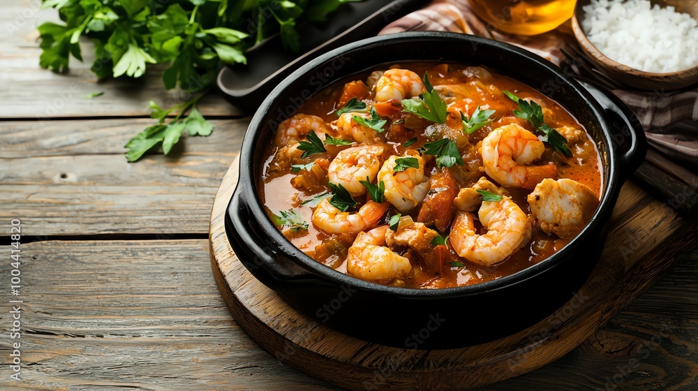 Mediterraneanstyle seafood stew with prawns, fish, and squid in a tomatobased broth, seafood stew, rustic culinary dish Mediterraneanstyle seafood stew with prawns, fish, and squid in a tomatobased broth, seafood stew, rustic culinary dish