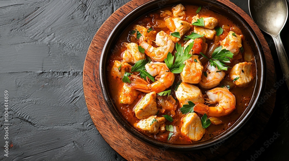 Mediterraneanstyle seafood stew with prawns, fish, and squid in a tomatobased broth, seafood stew, rustic culinary dish Mediterraneanstyle seafood stew with prawns, fish, and squid in a tomatobased broth, seafood stew, rustic culinary dish