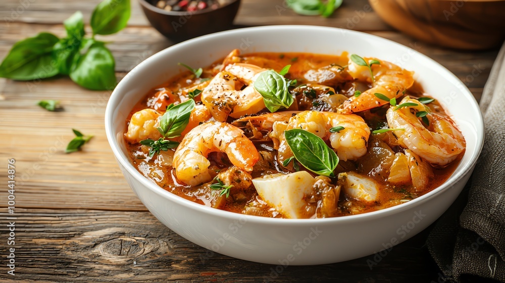 Mediterraneanstyle seafood stew with prawns, fish, and squid in a tomatobased broth, seafood stew, rustic culinary dish Mediterraneanstyle seafood stew with prawns, fish, and squid in a tomatobased broth, seafood stew, rustic culinary dish