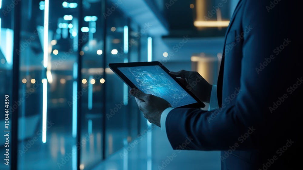 Obraz premium A business executive using a tablet to review global business trends, sleek modern office with bright lighting