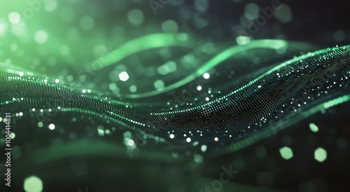 Abstract digital background with green particles and light effects