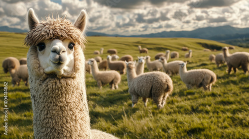 Llamas grazing peacefully in a lush green meadow under a dramatic sky in the mountains during a sunny day