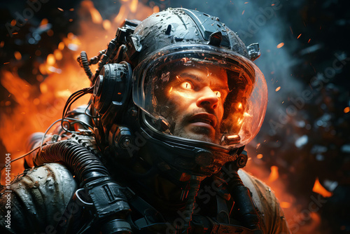 A close-up of an astronaut with a determined expression and glowing eyes, his helmet reflecting intense flames and sparks in a dramatic and perilous environment. photo