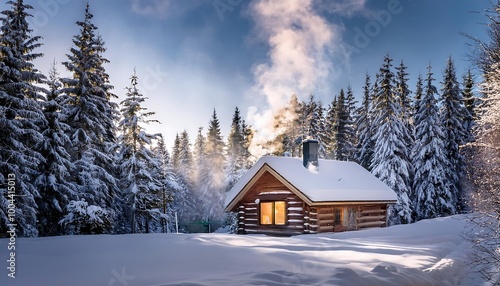 A charming winter cabin surrounded by snow-covered trees in a tranquil forest. Generative AI