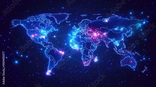 Digital network world map, the U.S. glowing in neon lights, with a deep blue night sky and faint clouds.