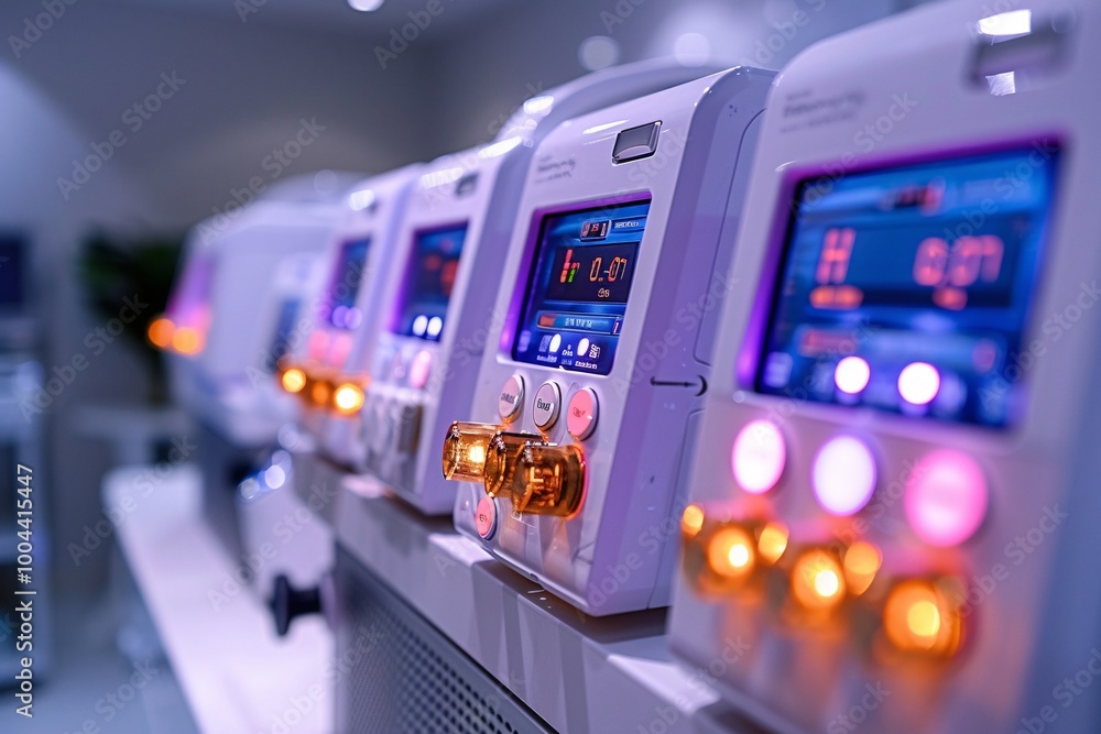 A row of advanced medical devices illuminates a clinical area, showcasing diagnostic metrics with vibrant screens and buttons that glow softly in a modern healthcare environment A row of advanced medical devices illuminates a clinical area, showcasing diagnostic metrics with vibrant screens and buttons that glow softly in a modern healthcare environment
