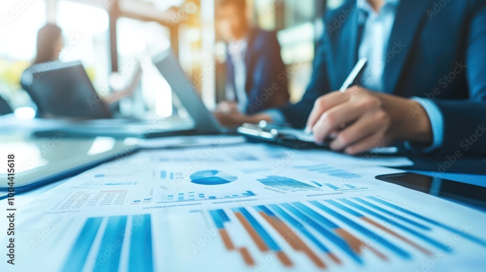 A business meeting in a bright and modern office, participants reviewing financial reports and data charts A business meeting in a bright and modern office, participants reviewing financial reports and data charts