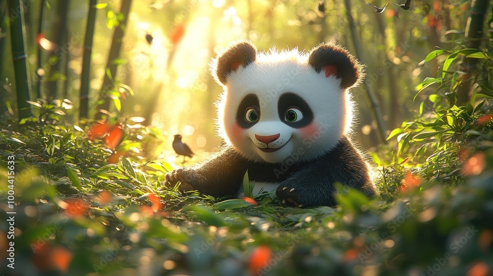 A cute panda in a sunlit bamboo forest surrounded by butterflies. A cute panda in a sunlit bamboo forest surrounded by butterflies.