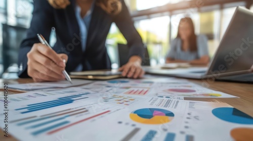 A business meeting in a bright and modern office, participants reviewing financial reports and data charts